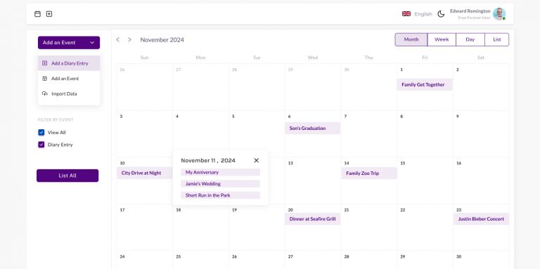 Diary Calendar View - Month