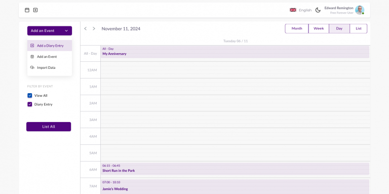 Diary Calendar View - Day