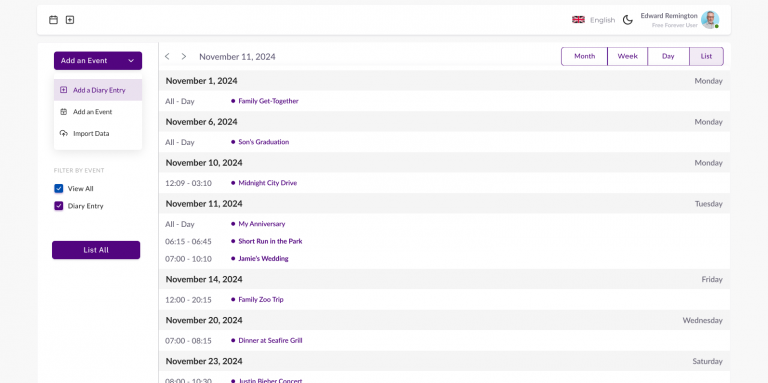 Diary Calendar View - List