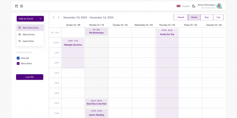 Diary Calendar View - Week